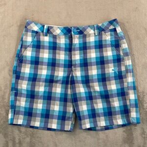 Puma Golf Shorts Men 34 Blue Plaid Performance Flat Front‎ NWOT
